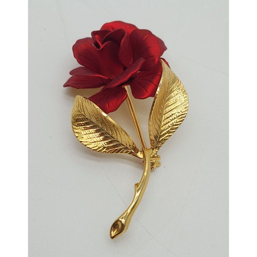 Beautiful Vintage Cerrito Red Rose Gold Stem & Leaves Etched Detail 3-D Brooch